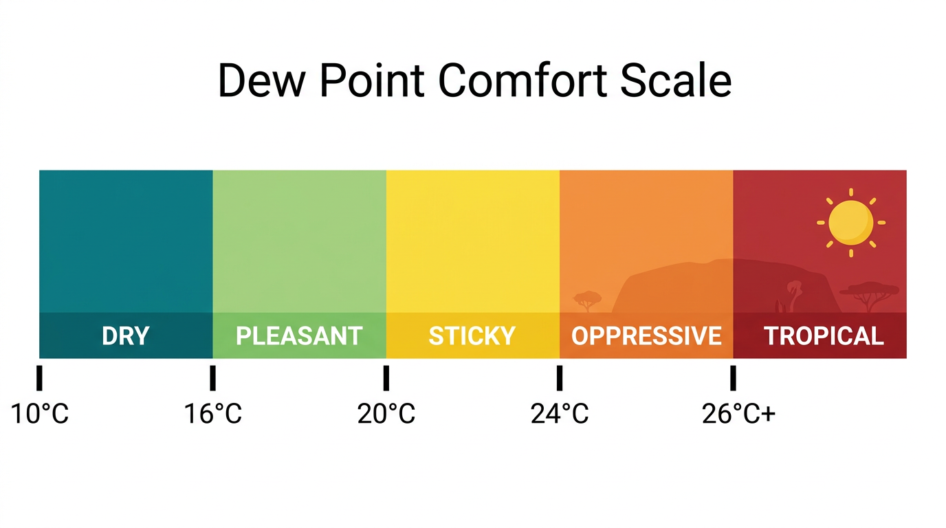 Colour-coded Australian dew point comfort scale from dry below 10°C to tropical above 26°C