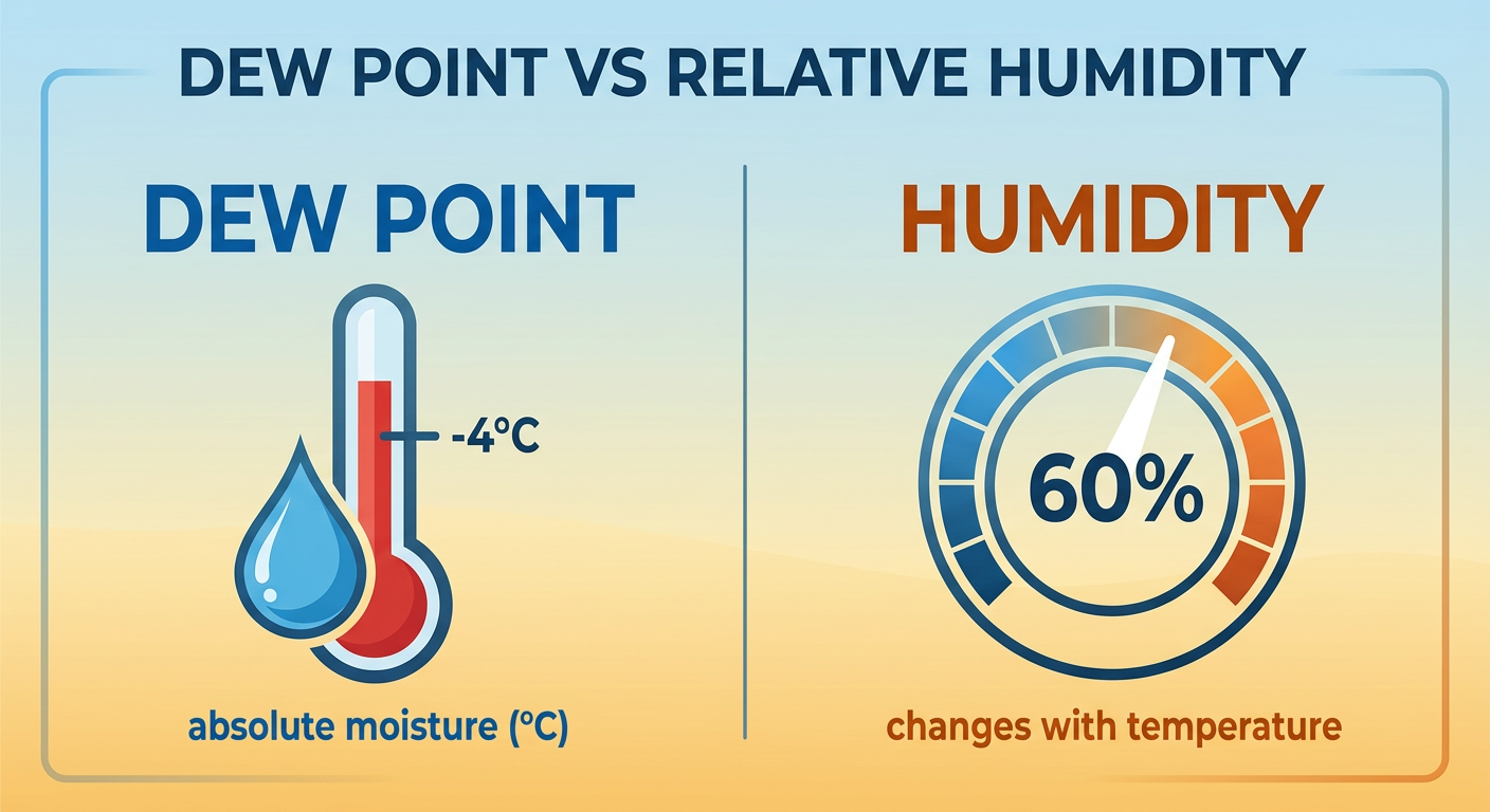Infographic comparing dew point as an absolute measure of moisture in degrees Celsius with relative humidity shown as a percentage gauge