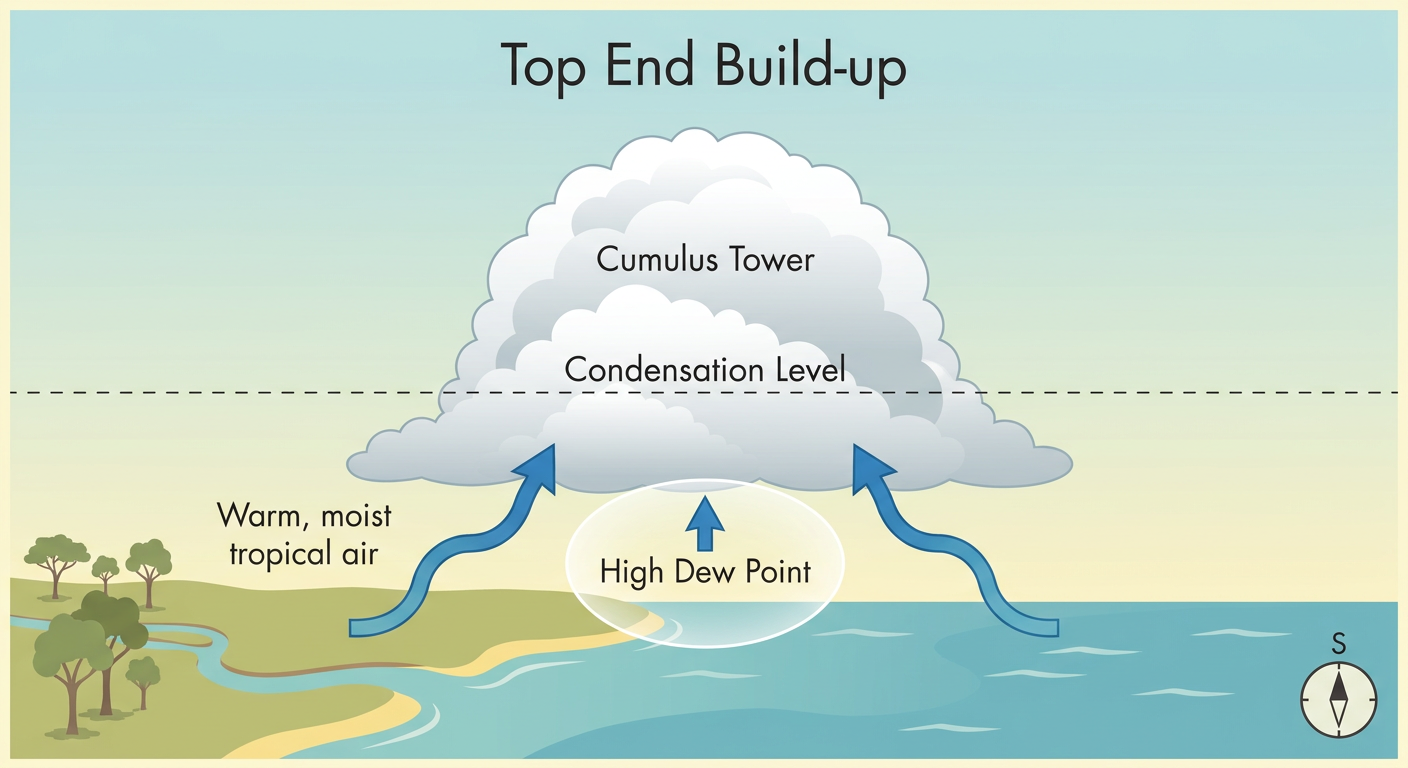 Diagram of warm moist tropical air rising over northern Australia to form a cumulus tower at the condensation level during the Top End Build-up
