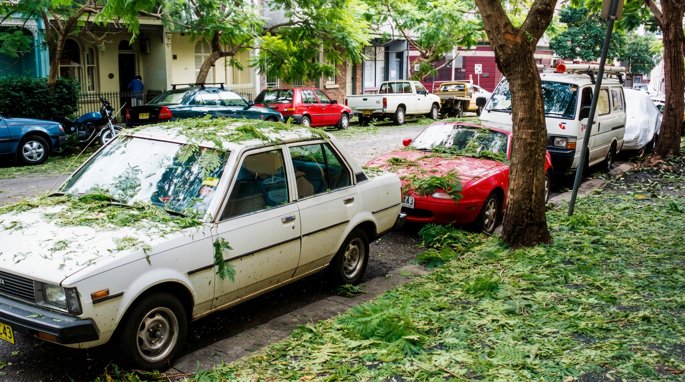 1999 Sydney hailstorm damage featuring a silver car with a shattered rear windscreen and severe bodywork denting.