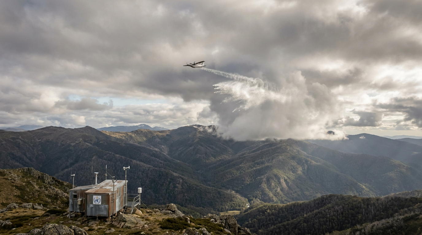 Cloud seeding efficacy shown by an aircraft releasing silver iodide flares into moisture-laden rain clouds.