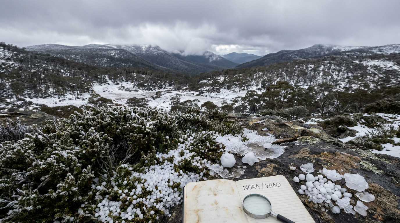 What is graupel, showing white opaque snow pellets coating a winter landscape during a cold weather event.