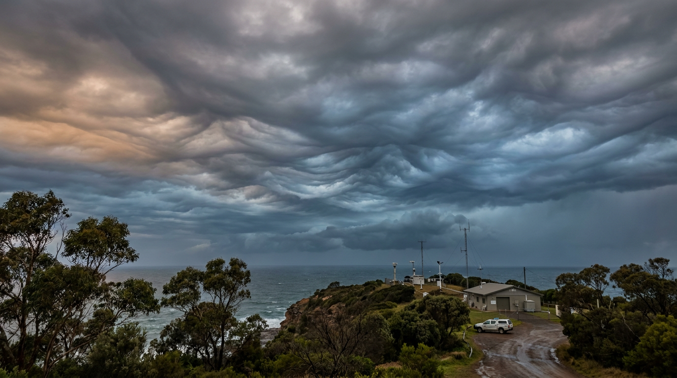 Asperitas clouds showing a turbulent, wave-like grey underbelly across a dramatic and stormy Australian sky.