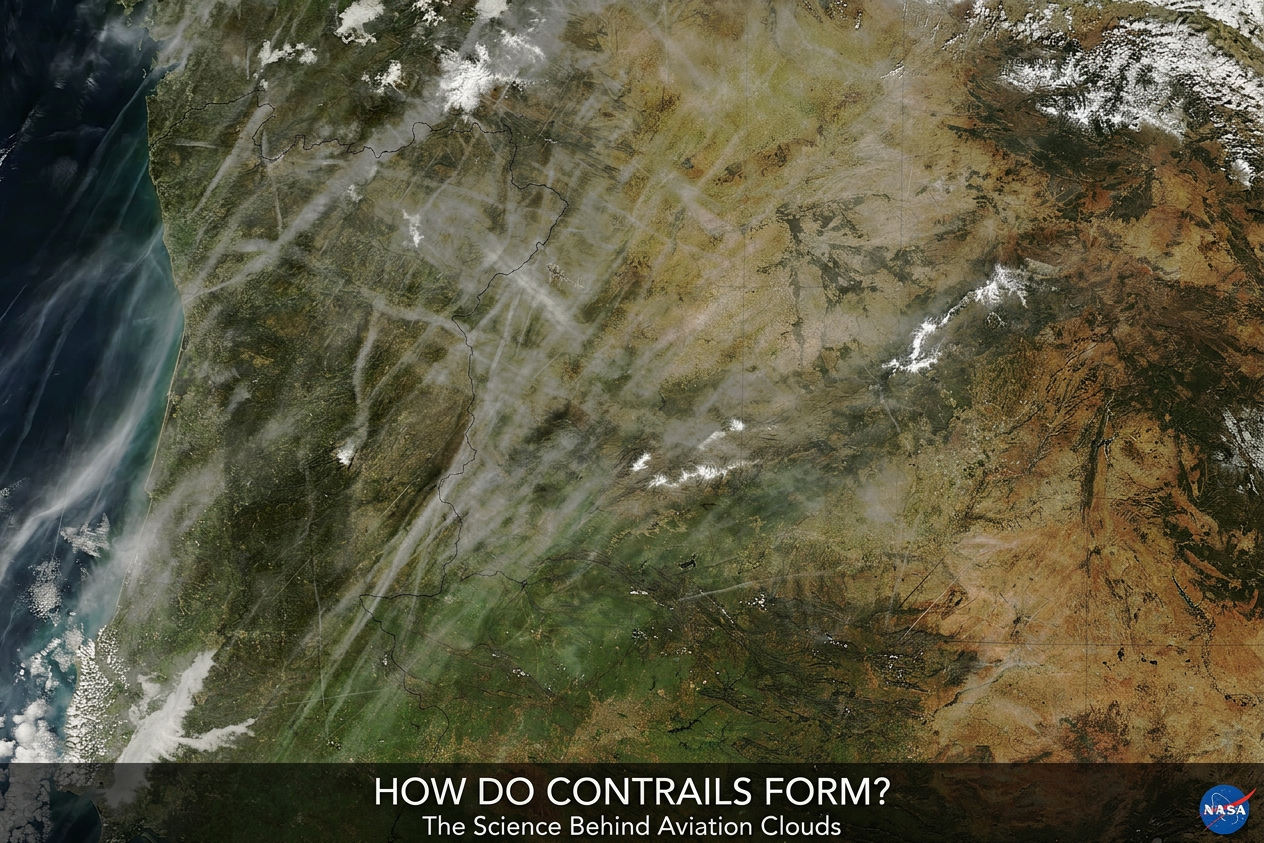 How do contrails form and spread across a bright blue sky, showing multiple white vapour trails intersecting.