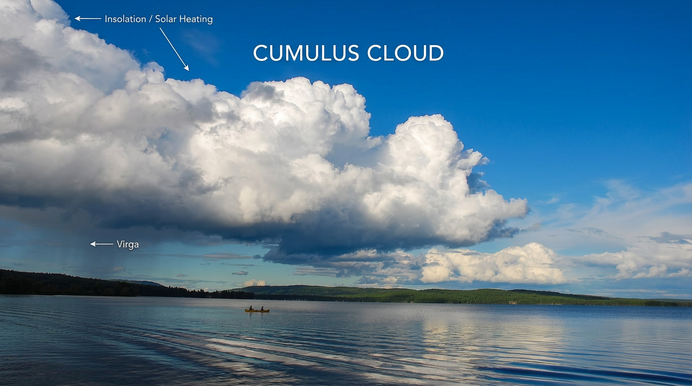 How do cumulus clouds form over a forest lake as white fluffy peaks develop against a blue sky before a summer storm.