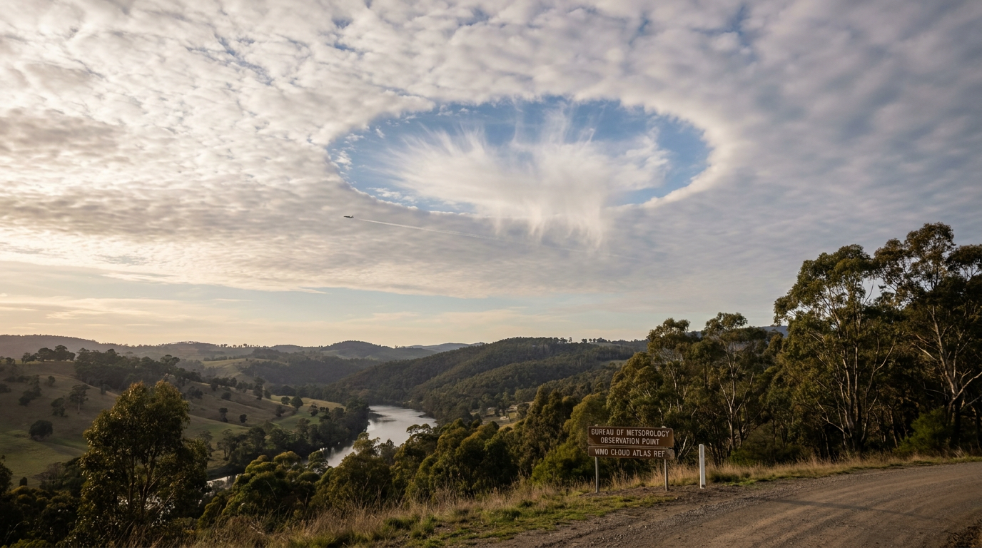 How do fallstreak clouds form in a blue sky, showing a large circular gap with trailing ice crystals in a cloud layer.
