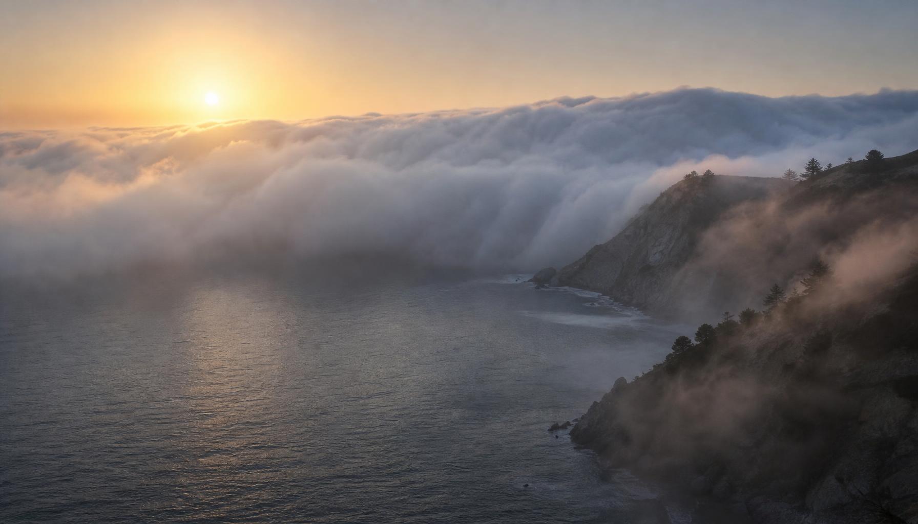 Sea fog rolling over cool coastal water at dawn, spilling across a headland as low sun glows through the mist