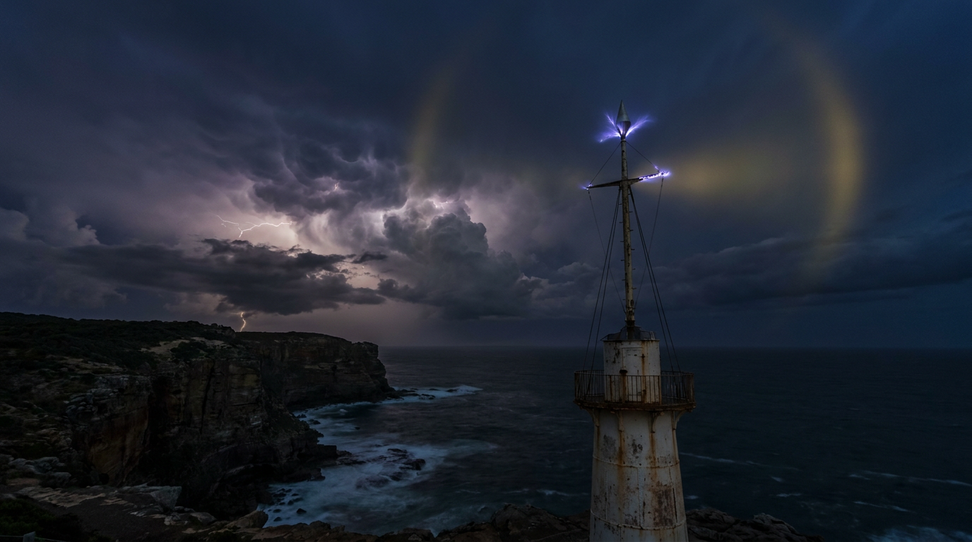How does St. Elmo's fire form, shown as a glowing blue plasma discharge on a ship mast during a stormy night.