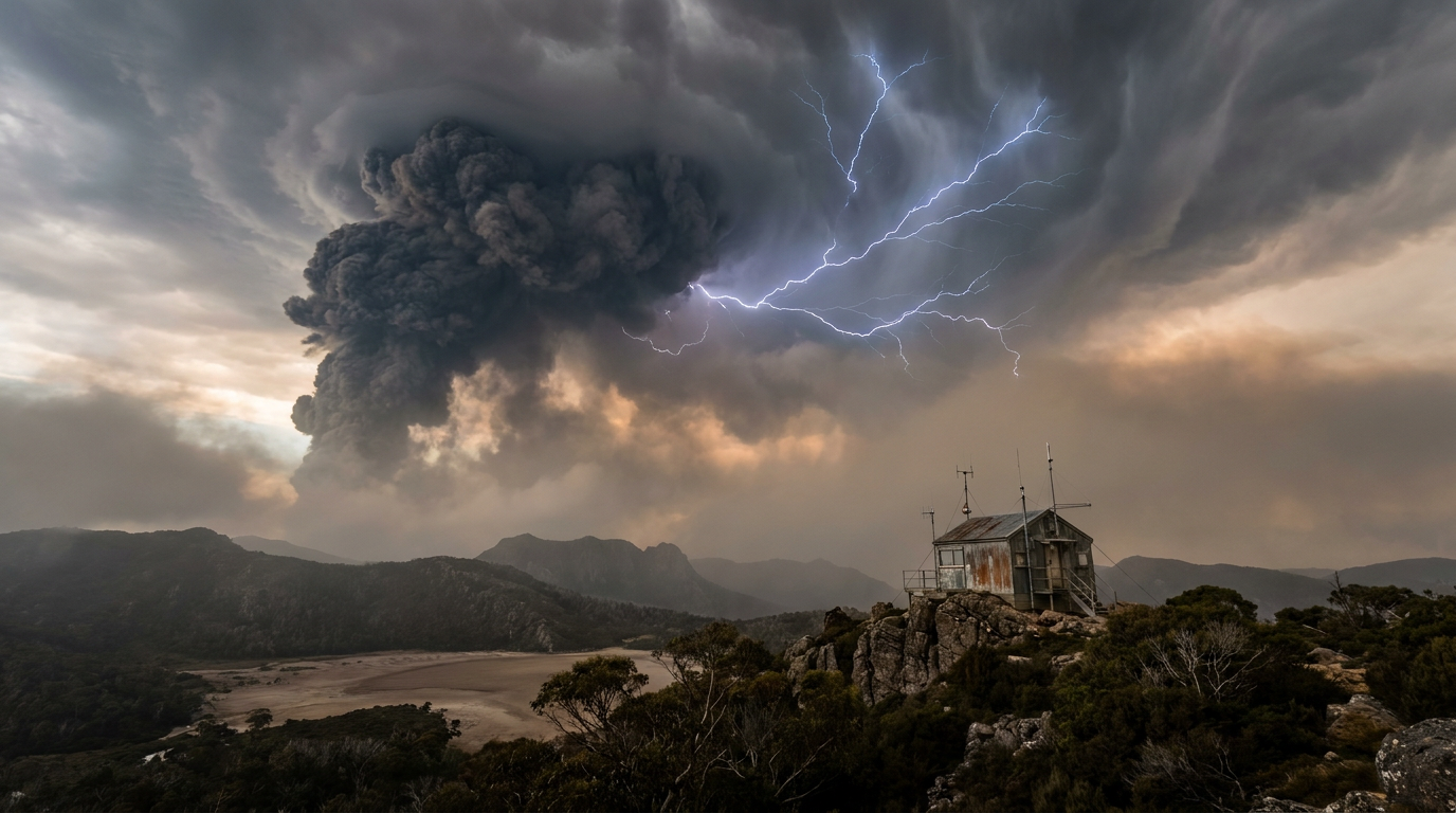 How does volcanic lightning form in a massive, dark ash cloud erupting with intense electrical discharges at night.