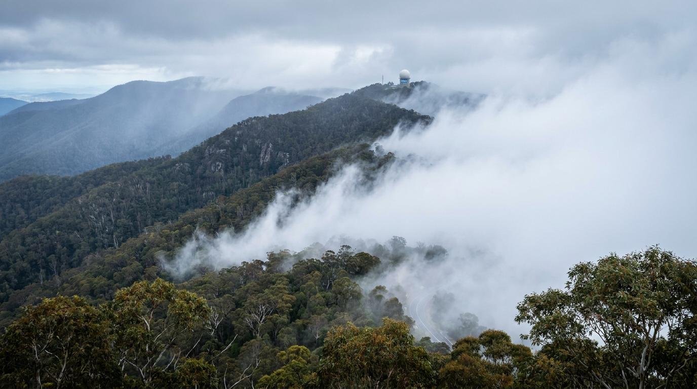 Upslope fog formation shrouding a lush green mountain peak as moist air ascends and condenses into thick white clouds.