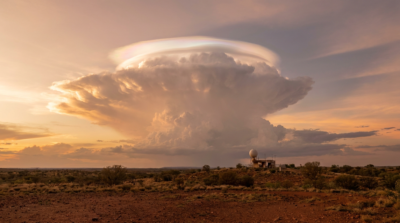 Pileus cloud formation showing a smooth, iridescent white cap over the peak of a dark, towering storm cell.