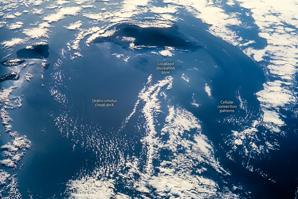 Stratocumulus cloud formation creates a vast layer of textured, low-level clouds stretching across the ocean horizon.