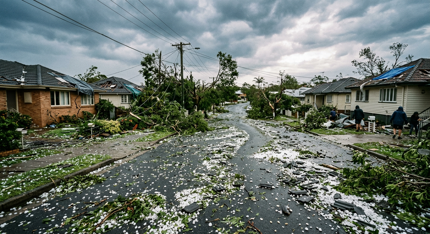 Debris scattered across a residential street caused by the 1985 Brisbane hailstorm