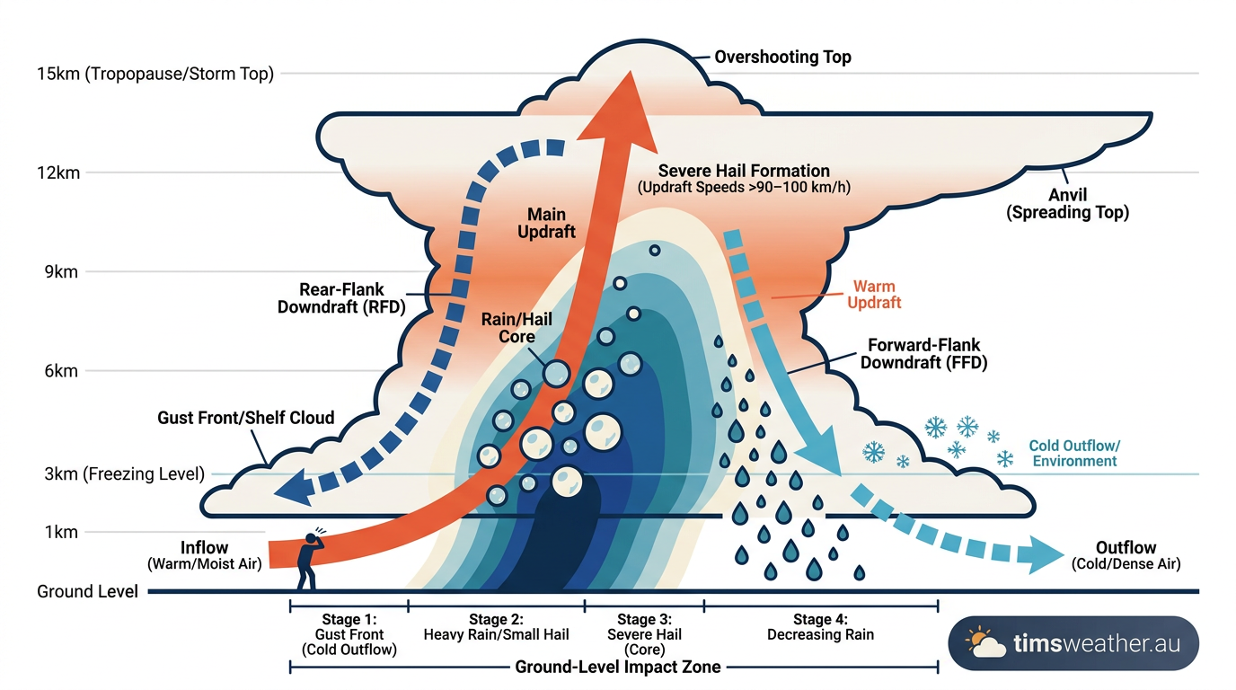 Diagram showing the internal structure of a supercell storm and how it can suspend giant hail.