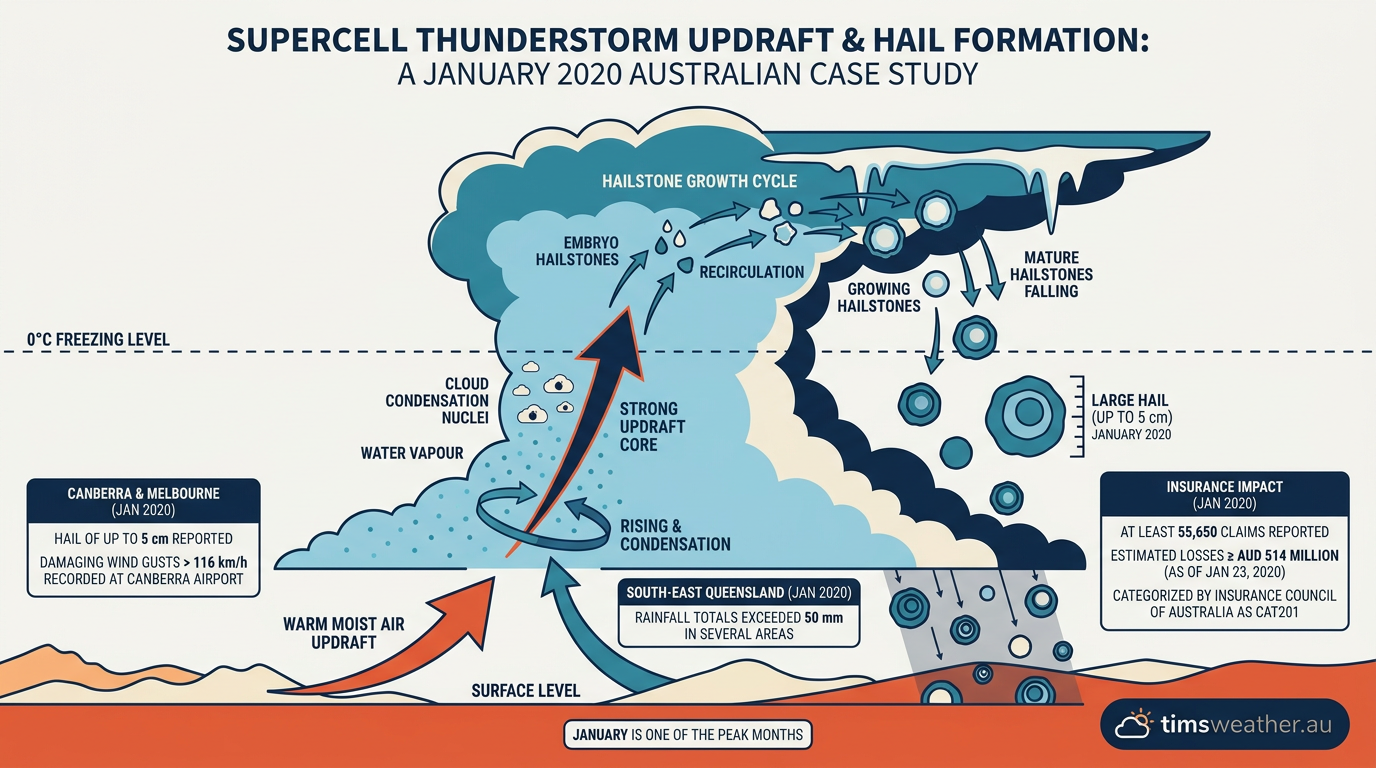 Diagram showing hail growth inside a supercell thunderstorm