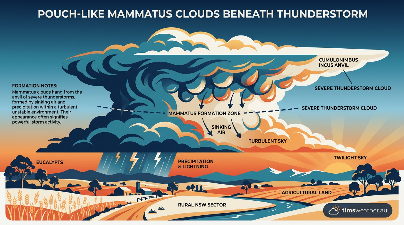 Mammatus clouds hanging beneath a thunderstorm anvil.