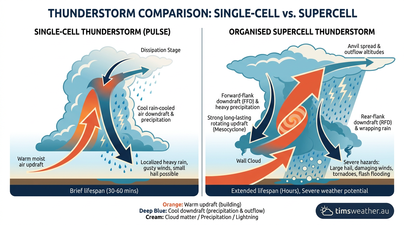 A diagram showing storm structure and rotating supercell development.