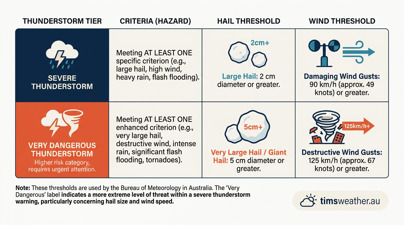 Chart showing the strict weather criteria used by the Bureau of Meteorology to classify storm intensity.