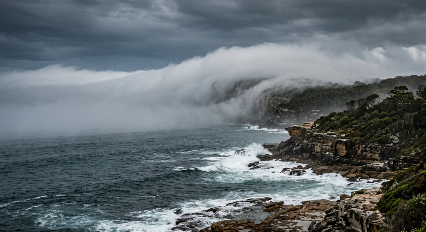 Advection fog formation rolling horizontally over the ocean surface