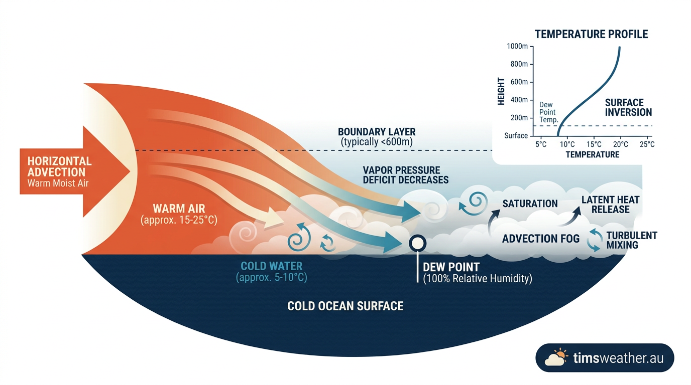 Diagram illustrating the advection fog formation process with warm air moving over cold water
