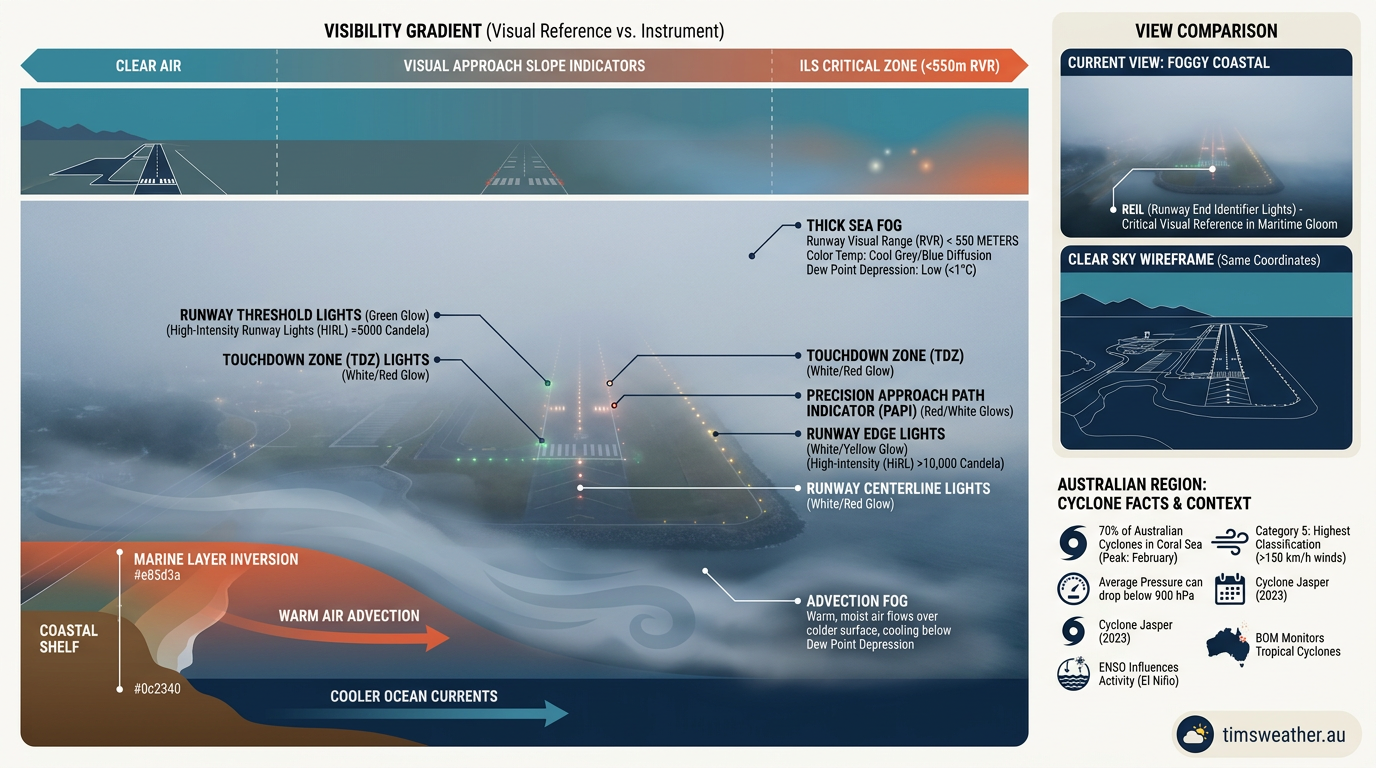 Daytime advection fog obscuring a coastal aviation runway
