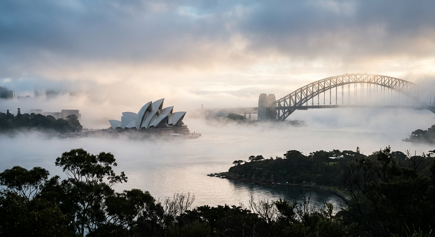Thick advection fog moving through a coastal harbour environment