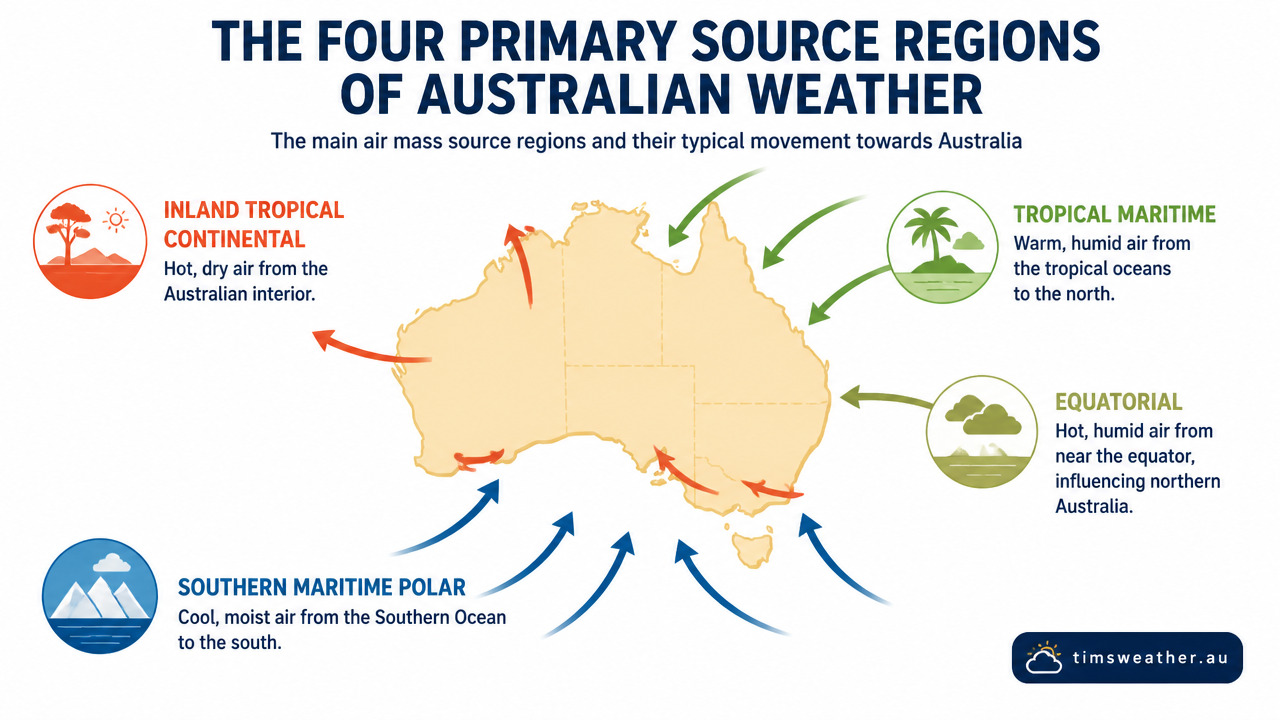 Diagram showing the source regions and movement patterns of Australian air masses