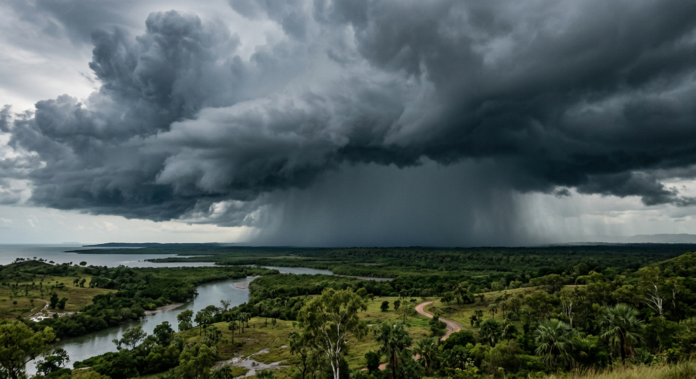 Heavy monsoonal rain falling from dense tropical maritime clouds in Northern Australia