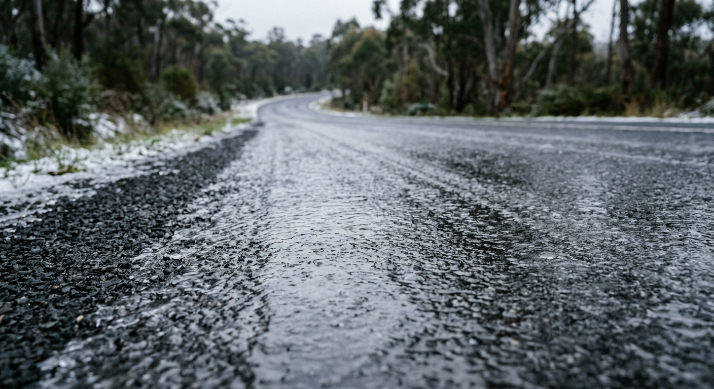 A close-up view of clear ice covering dark asphalt, showing how the pavement remains visible beneath the frozen layer.