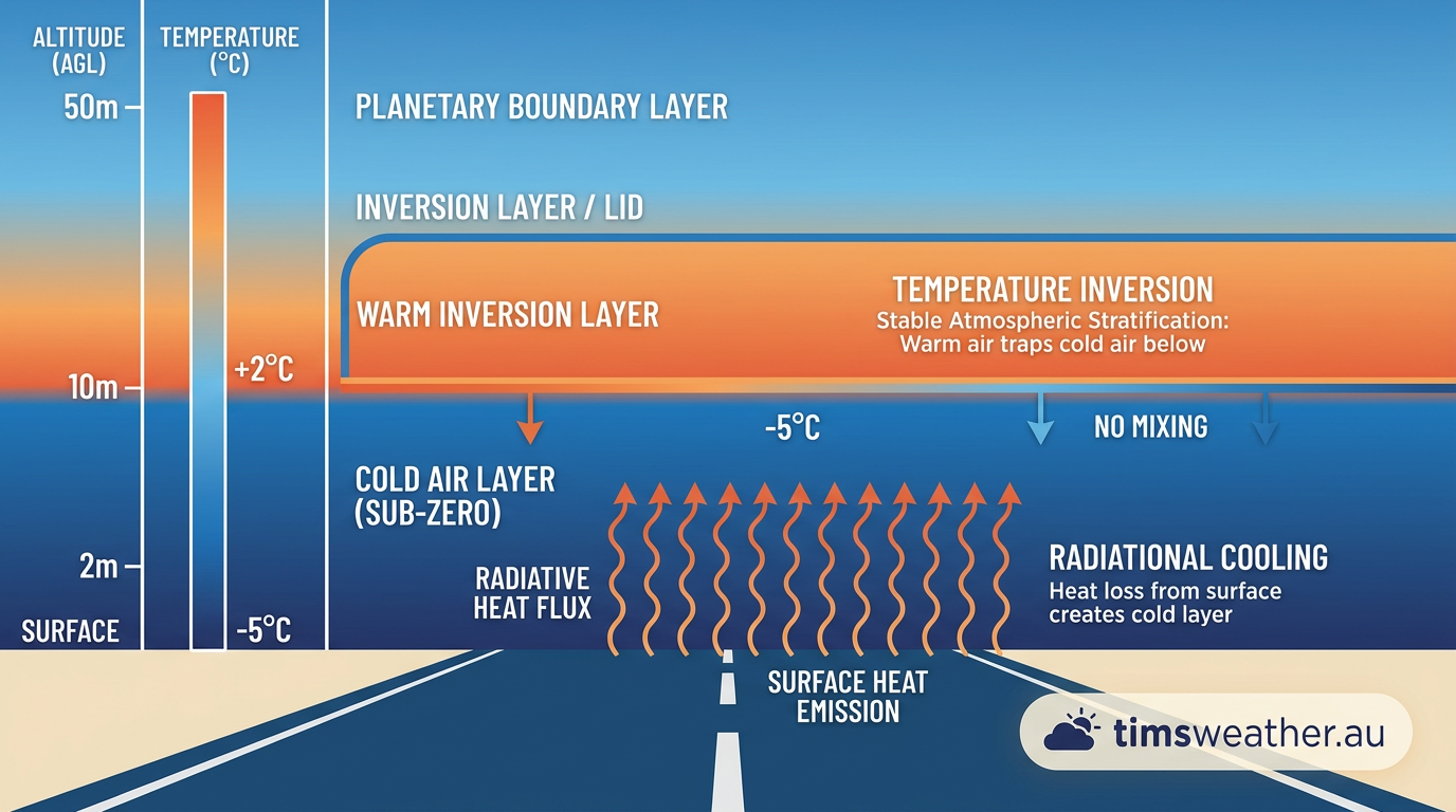 Diagram explaining how radiational cooling drops pavement temperatures below the ambient air temperature, leading to ice formation.