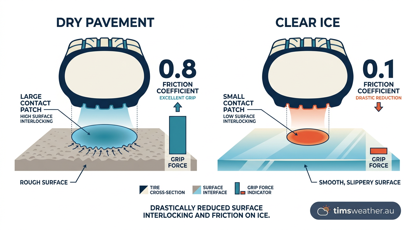 Technical diagram comparing the mechanical grip of a tyre on dry asphalt versus its lack of traction on a smooth, icy surface.