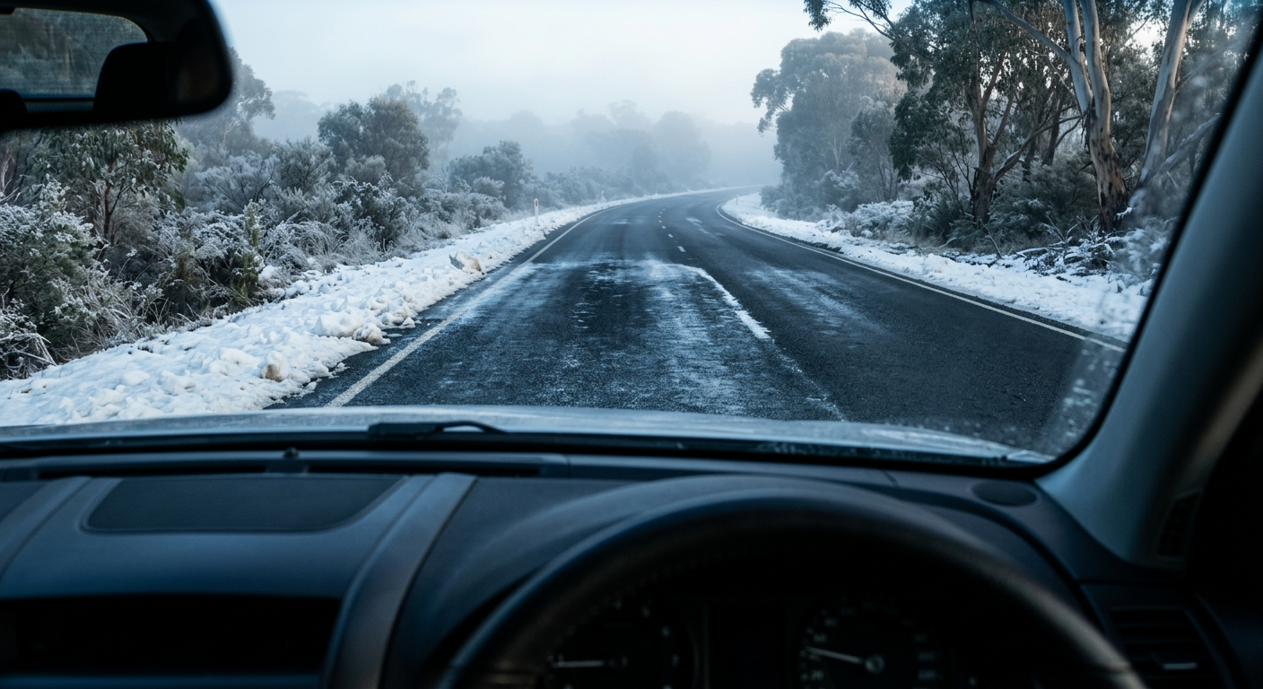 Driver's view of a hazardous winter road, highlighting the subtle glossy appearance of a frozen pavement surface.