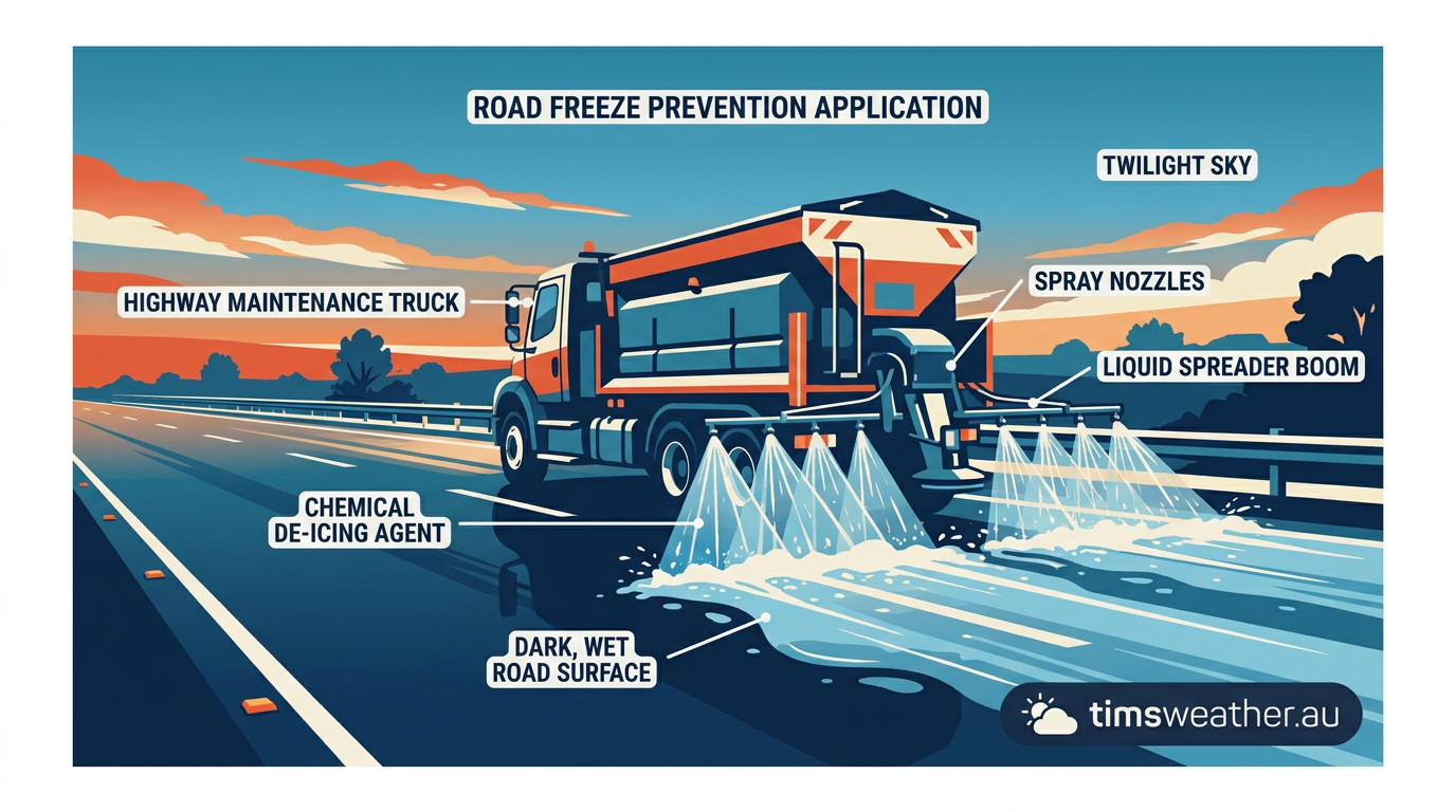 A winter maintenance vehicle treating a highway with de-icing chemicals to mitigate slippery road conditions.