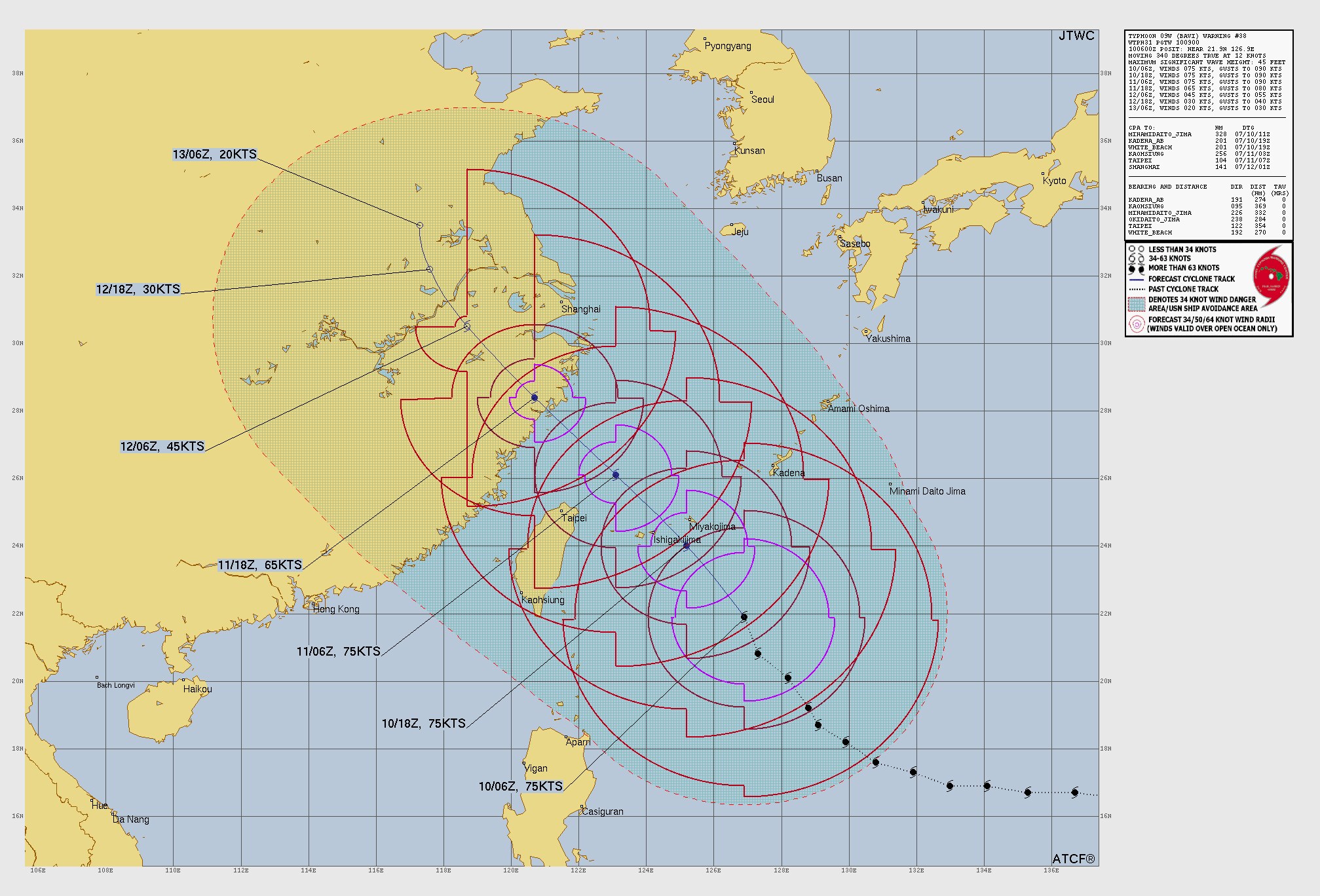 JTWC forecast track map for Typhoon 09W (Bavi / Inday) — Warning No. 38, issued 10/0900 UTC (10 July 2026), showing the projected north-north-westward path past the southern Ryukyus, across the Taiwan Strait and into eastern China.