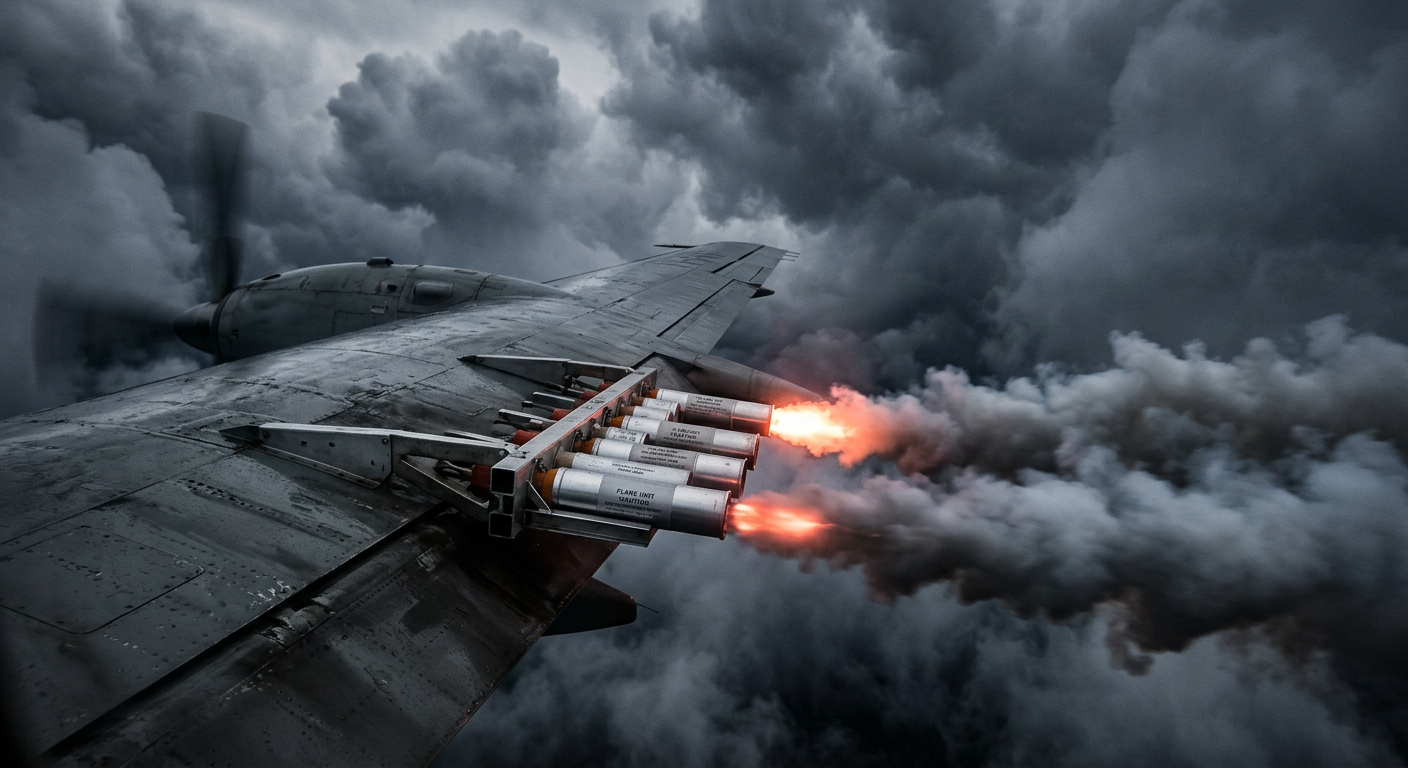 An aircraft wing equipped with seeding flares flying through a cloud layer.