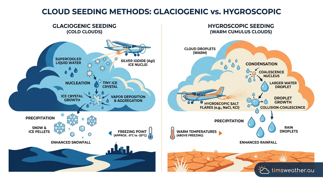 Diagram comparing glaciogenic ice nucleation in cold clouds to hygroscopic water absorption in warm clouds.