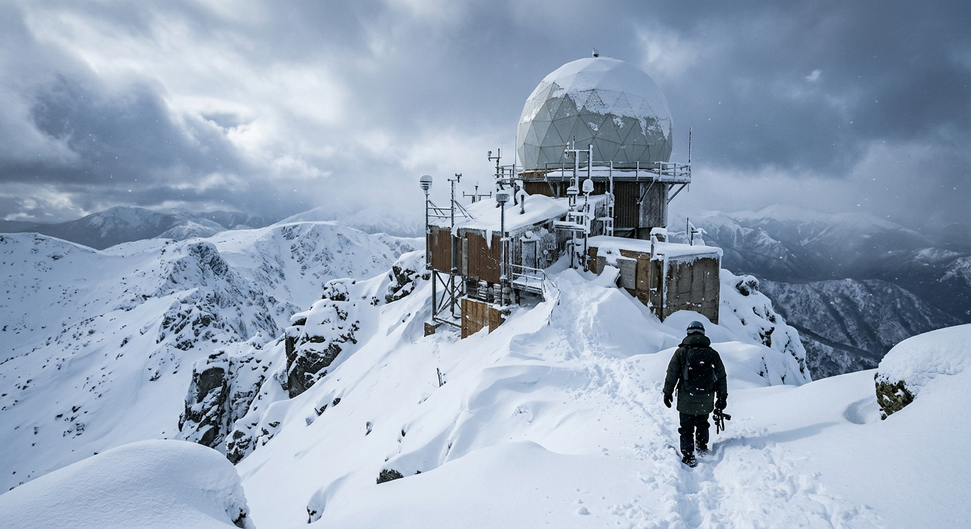 A mountain radar station covered in snow monitoring winter precipitation.