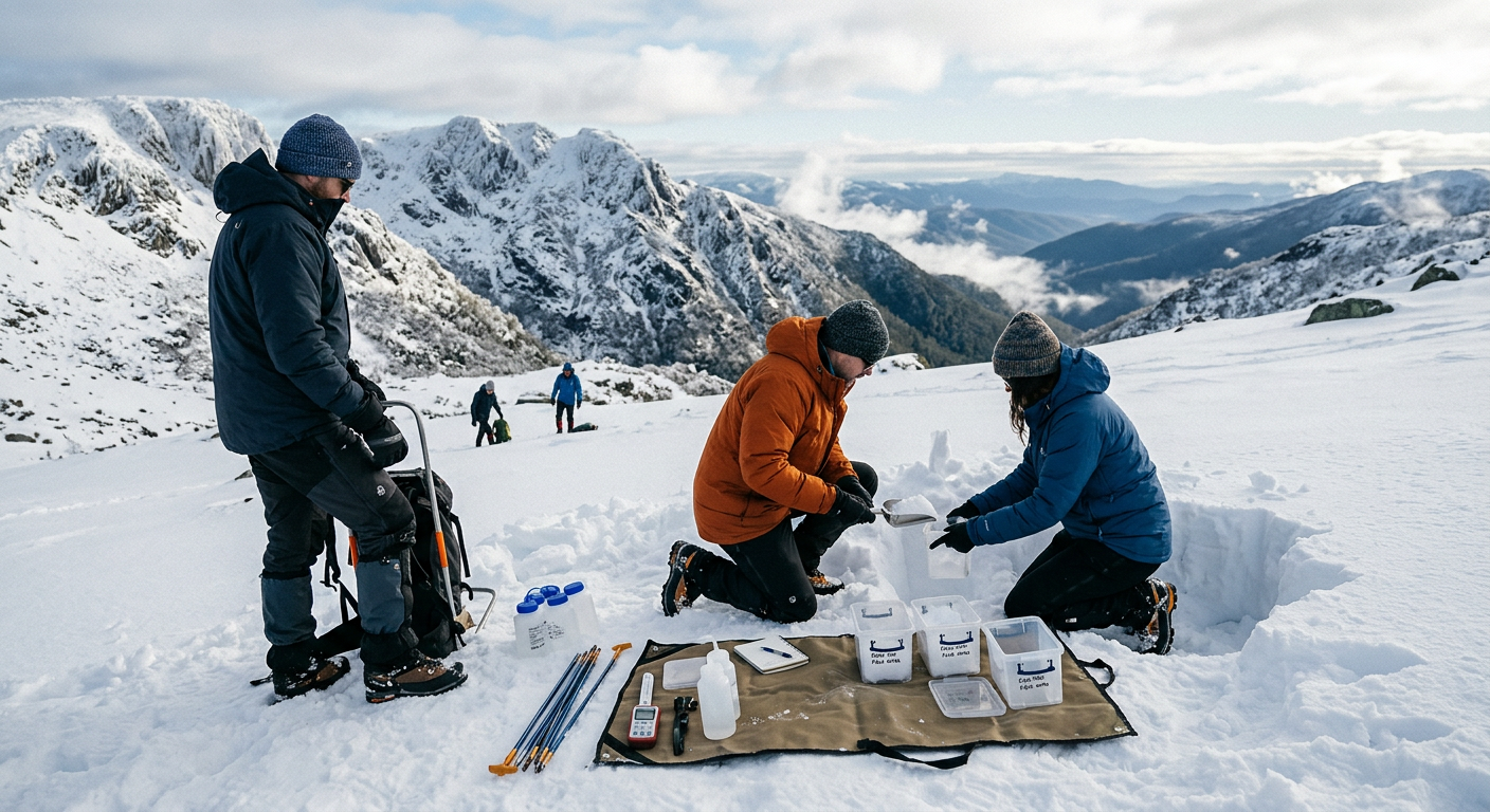 Researchers taking snow samples in a snowy mountain environment.