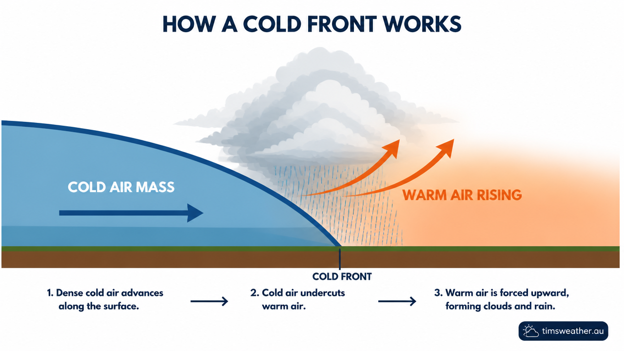 Diagram showing a cold front in Australia lifting warm air and forming cloud bands.
