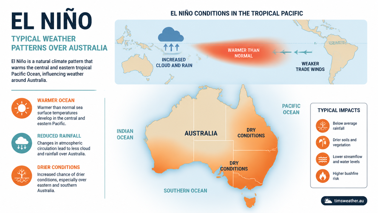 Diagram illustrating the standard Super El Niño Australia impact on seasonal rainfall and temperatures.