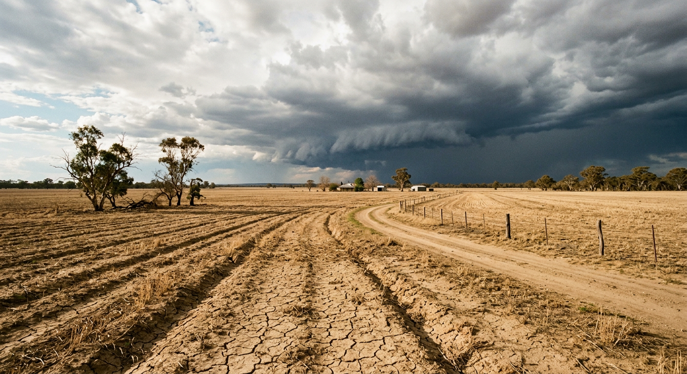 A dry farm field in Australia showing the drought effects of El Niño alongside building storm clouds.