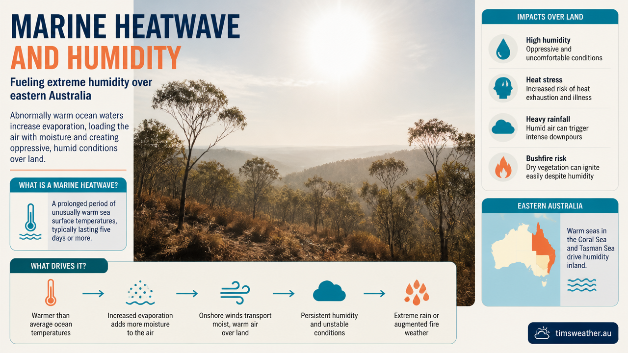 Humid and hazy bushland in eastern Australia highlighting summer bushfire risk conditions.