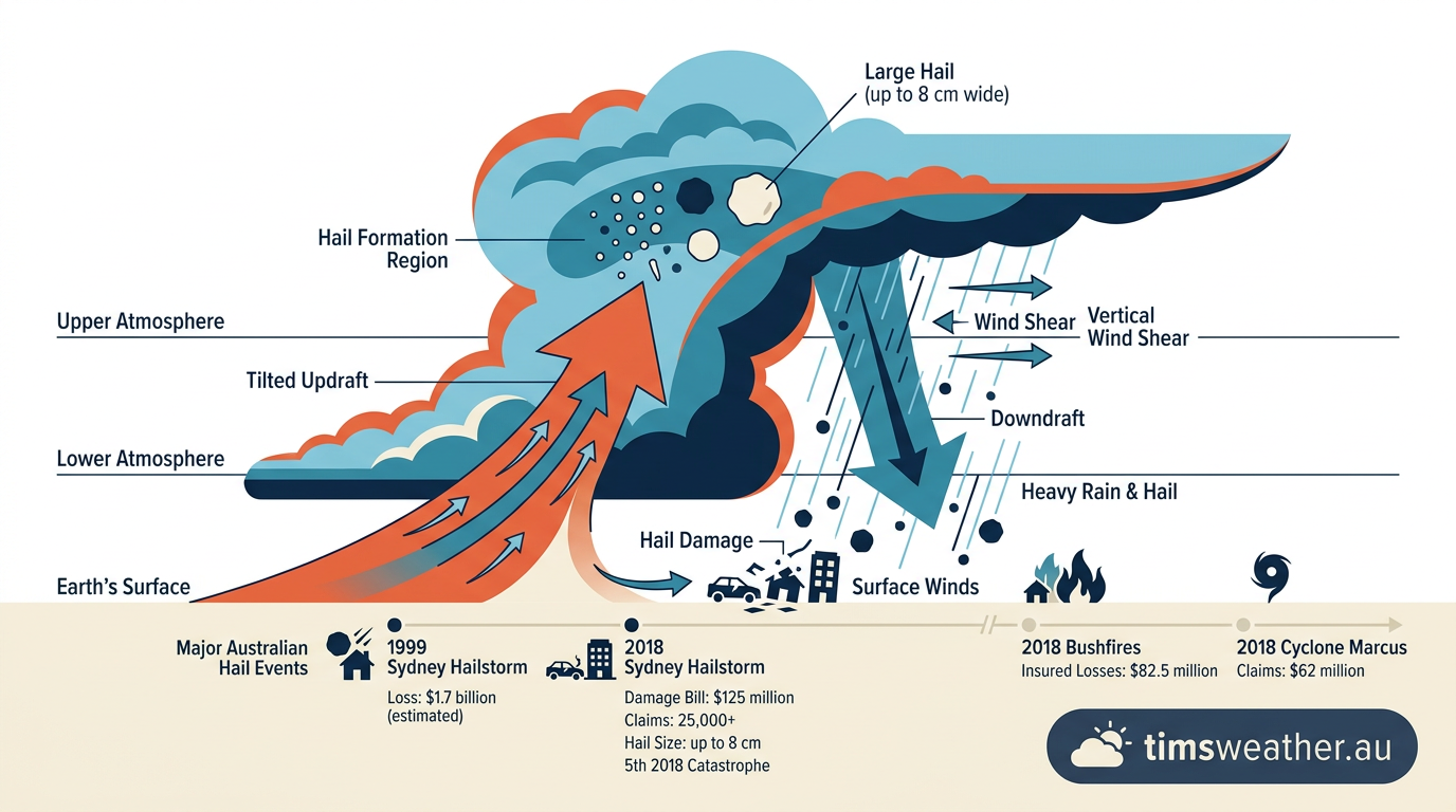 Diagram illustrating wind shear tilting a supercell thunderstorm updraft