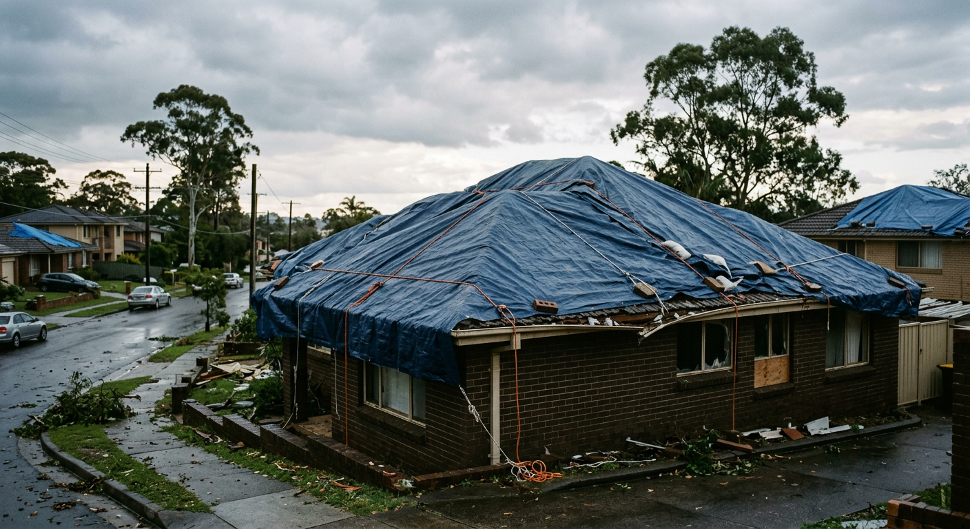 Suburban house roof in Berowra covered in tarpaulins after severe hail damage