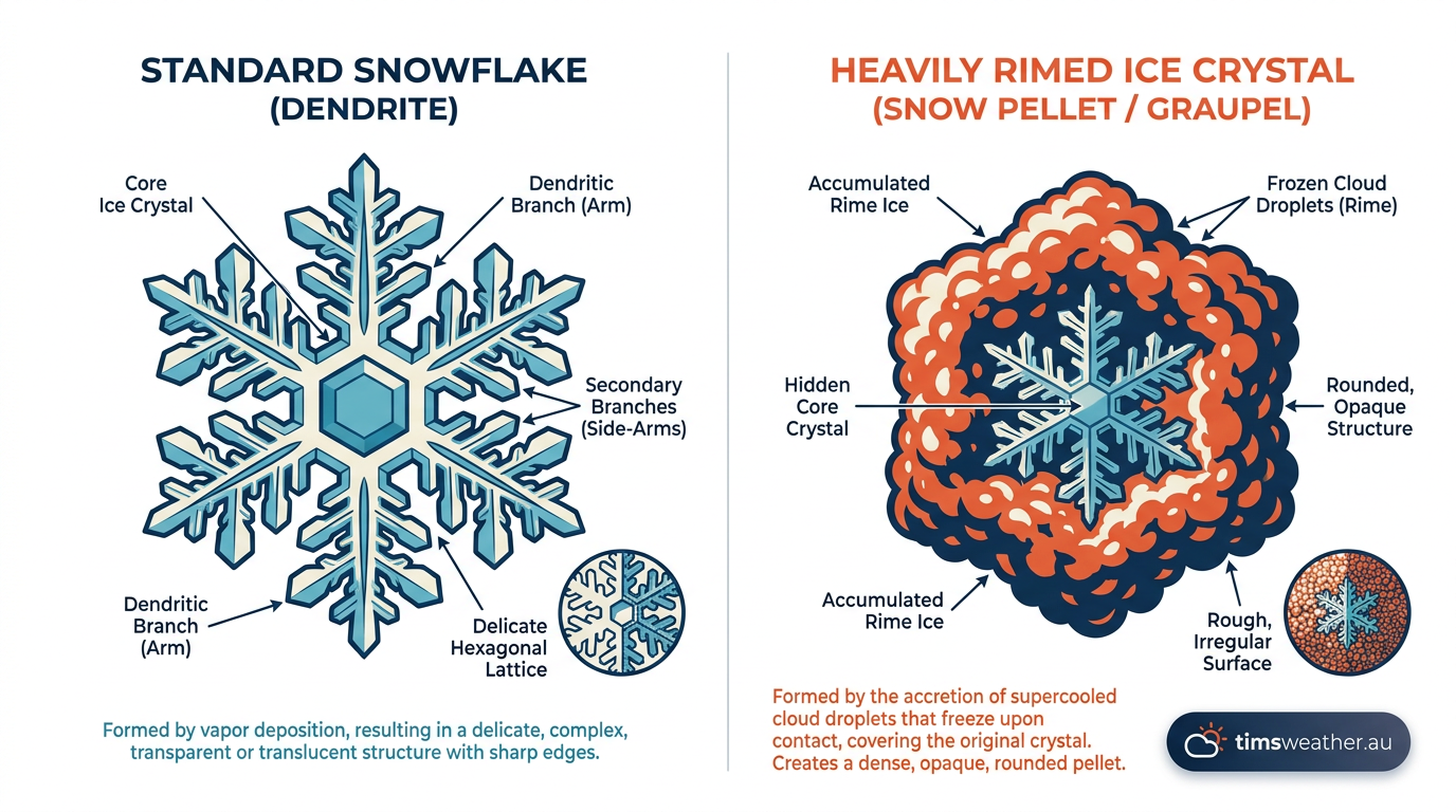 Diagram comparing the delicate structure of a snowflake with the thick, rounded ice coating of a rimed snow pellet.