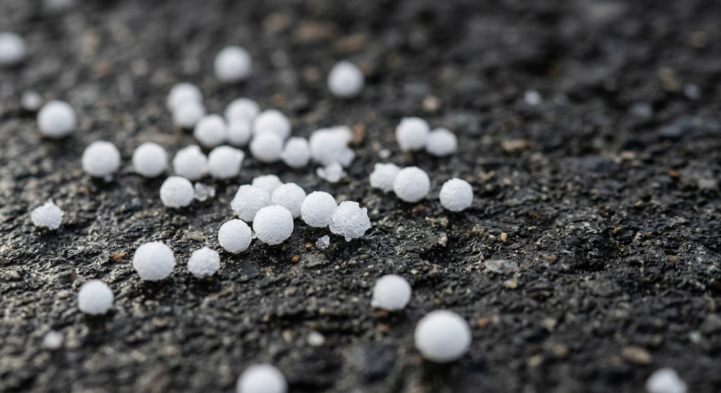 Close-up of white snow pellets resting on a dark surface.