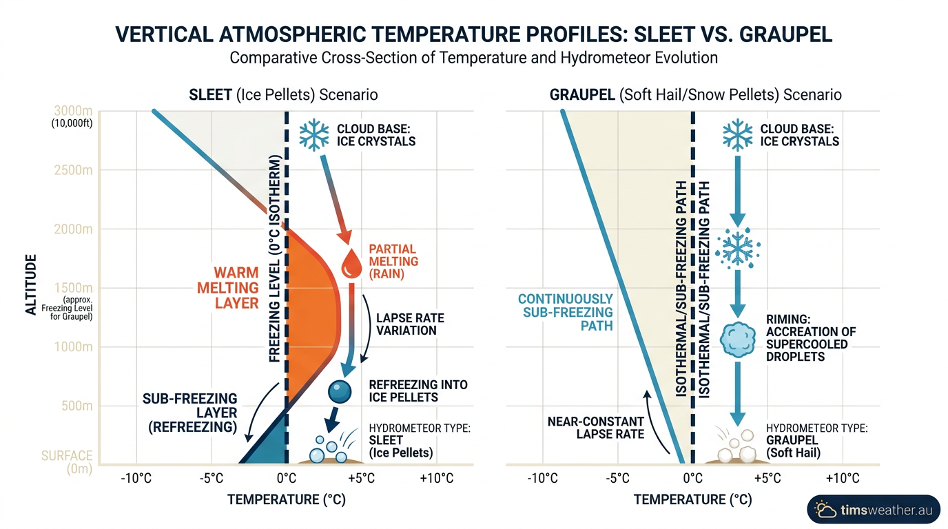Atmospheric temperature profiles comparing the completely sub-freezing environment of snow pellets with the mid-level melting layer required for sleet.