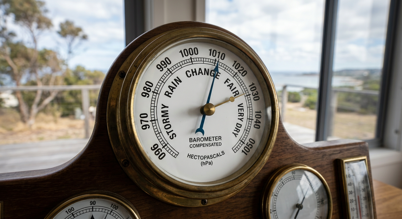 A modern barometer instrument measuring atmospheric pressure in hectopascals.