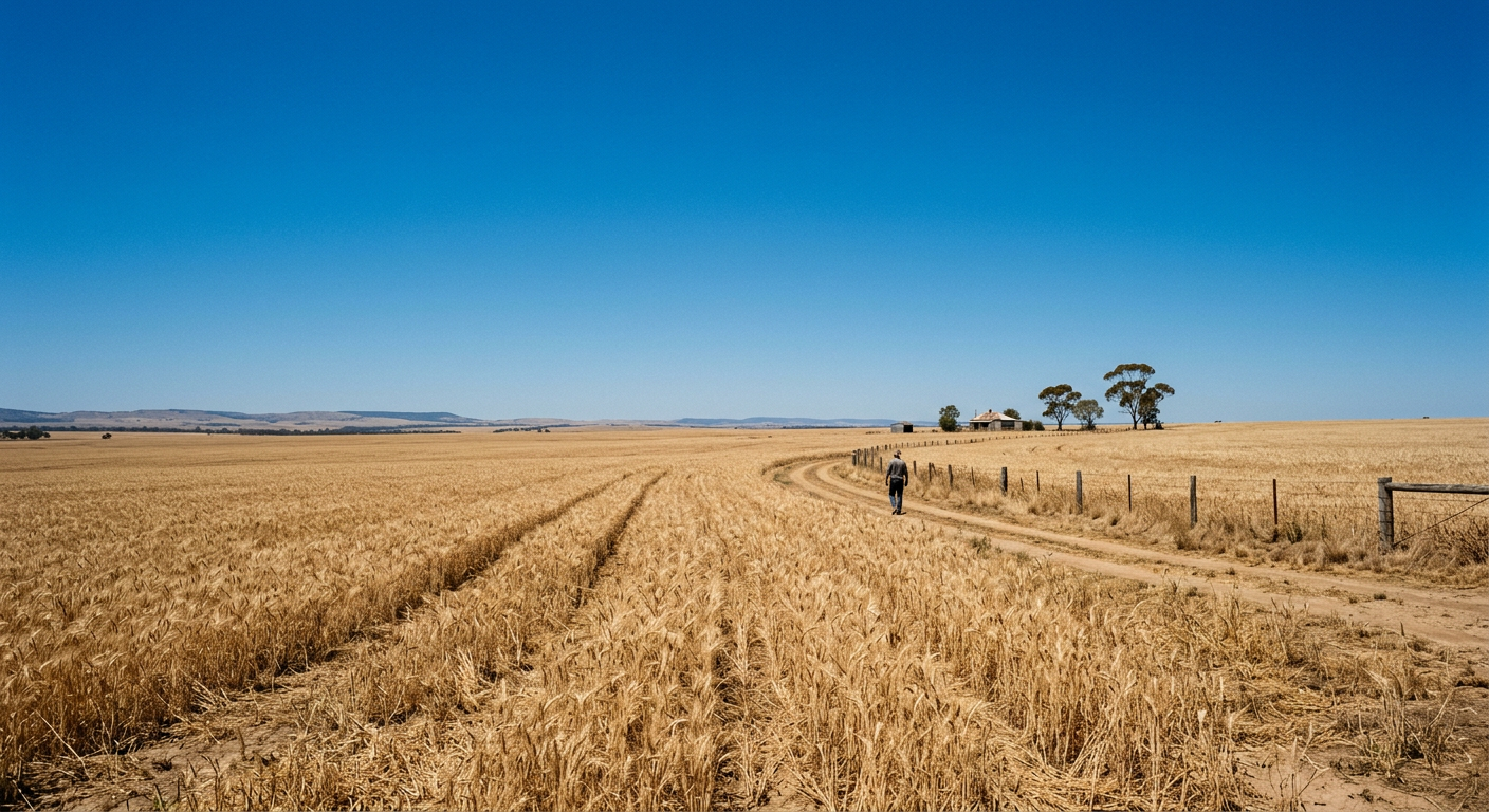 Clear blue skies over a dry Australian farming sector, typical of a dominant high pressure system.