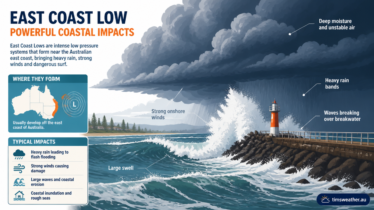 Heavy sea swell and dark clouds during an East Coast Low storm event near an Australian coastal town.